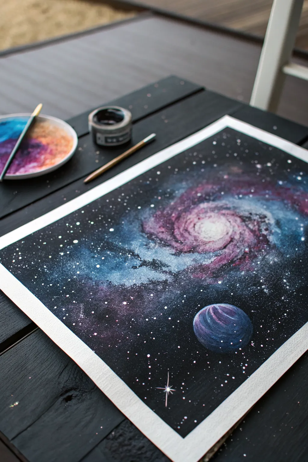 Splatter galaxy on black paper with purple-blue glows and a tiny planet silhouette, so dreamy