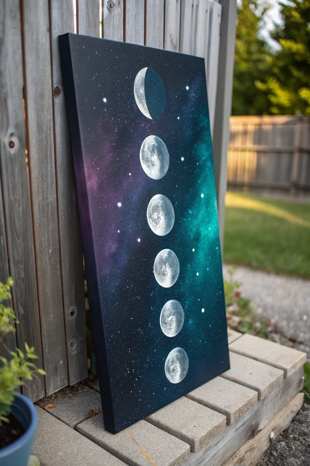 Spray paint moon phases in a bold cosmic palette, clean spacing, soft nebula glow, high contrast