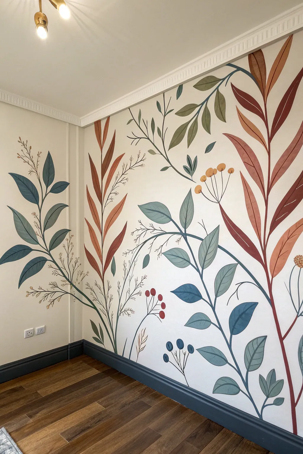 Nature-inspired wraparound corner mural with bold leaves and soft florals on a light wall