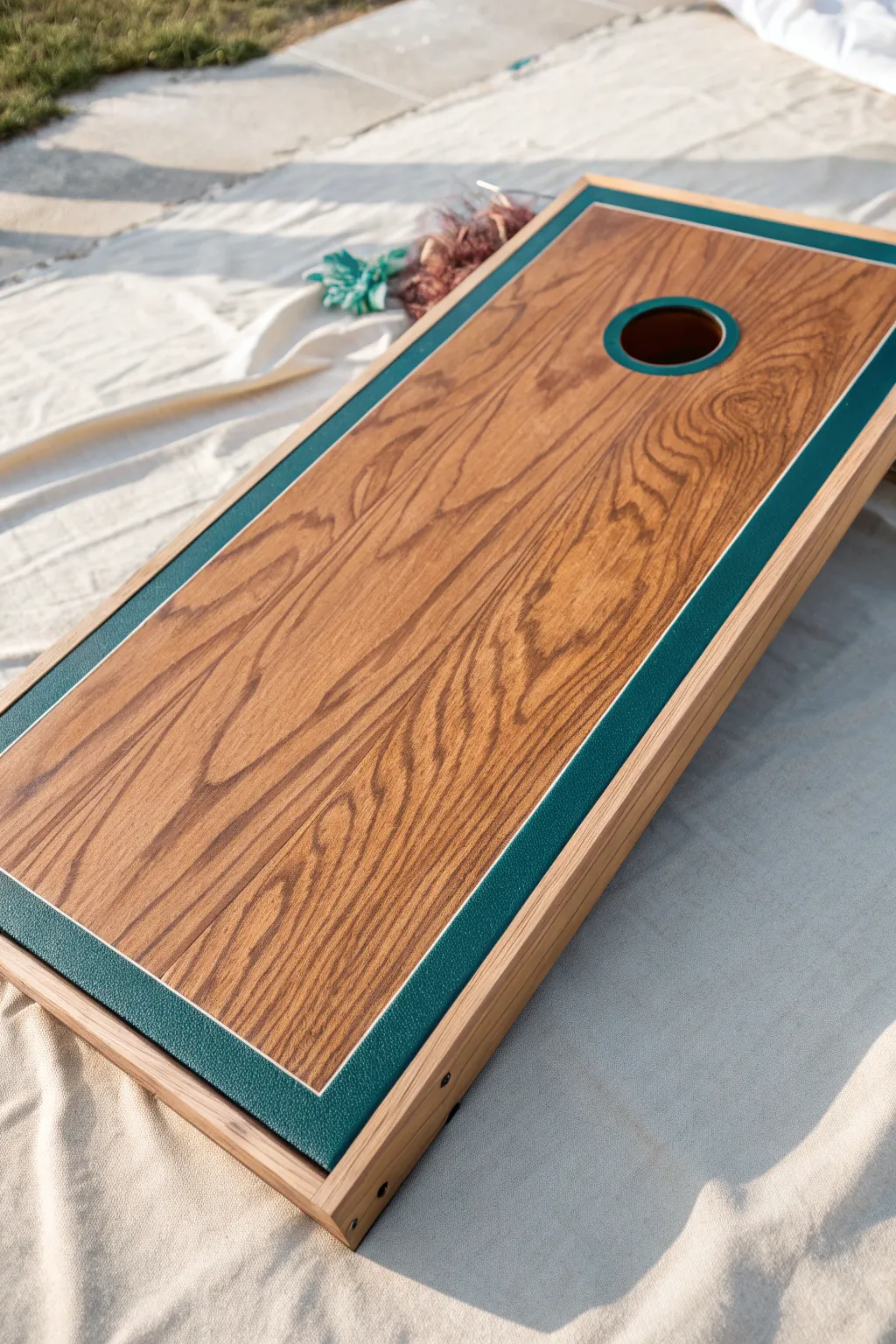 Stained wood center with a bold teal frame and soft terracotta hole outline, clean and modern