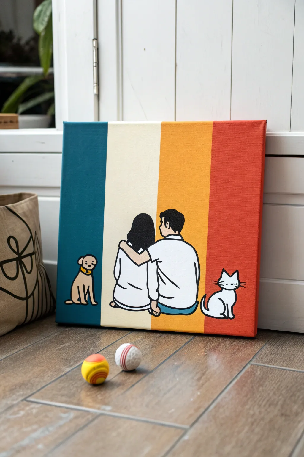 Minimalist cartoon couple portrait with a cute pet sidekick, bold colors, cozy Scandinavian vibe.