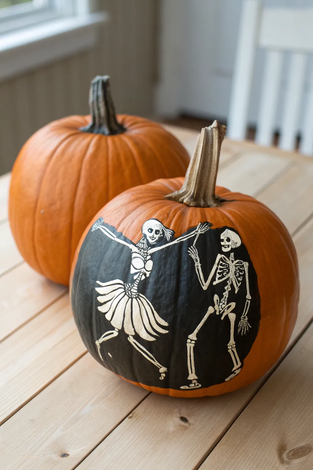 Paint a skeleton couple dance across two pumpkins for a chic Scandinavian boho Halloween look