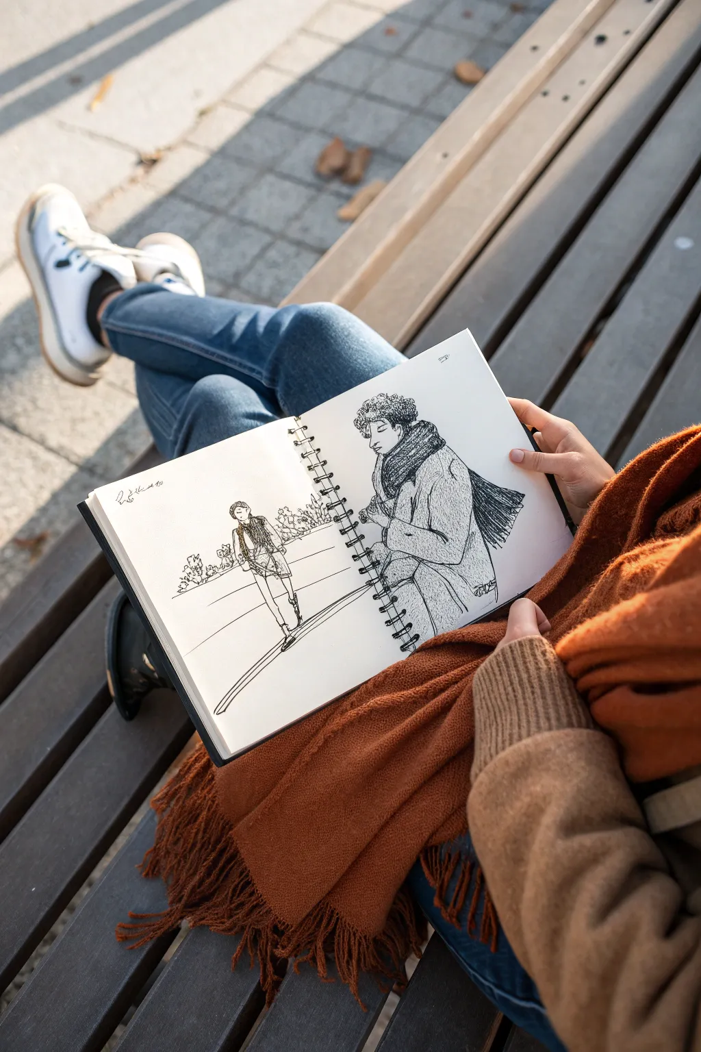 Minimal line sketch of a cozy couple on a bench, shared scarf detail for shoulder-to-shoulder vibes.