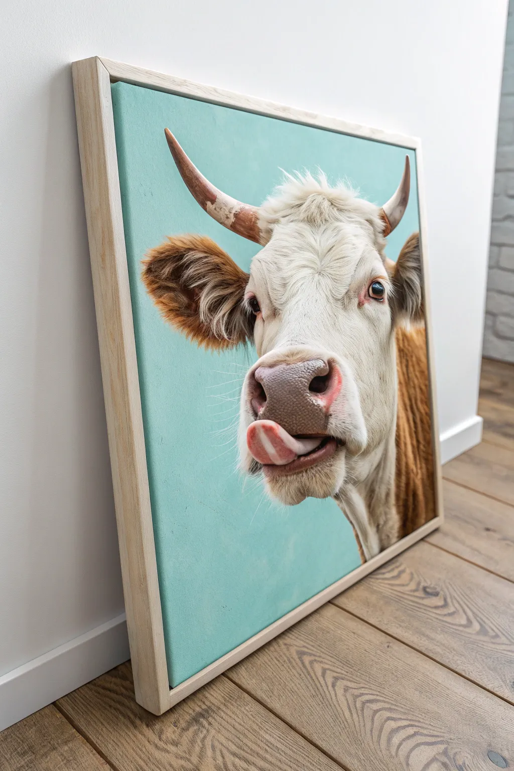 Playful tongue out cow painting with bold color, minimalist lines, and cozy Scandinavian charm