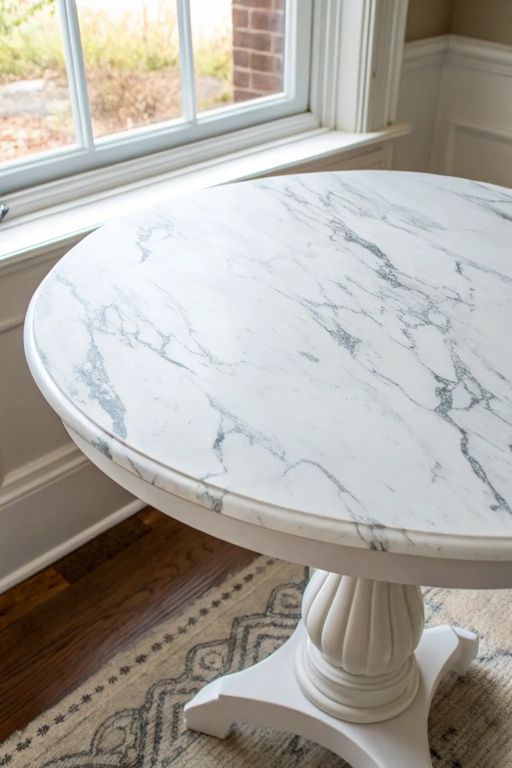 Easy faux marble tabletop with wispy gray veining and a glossy top coat catching window light.
