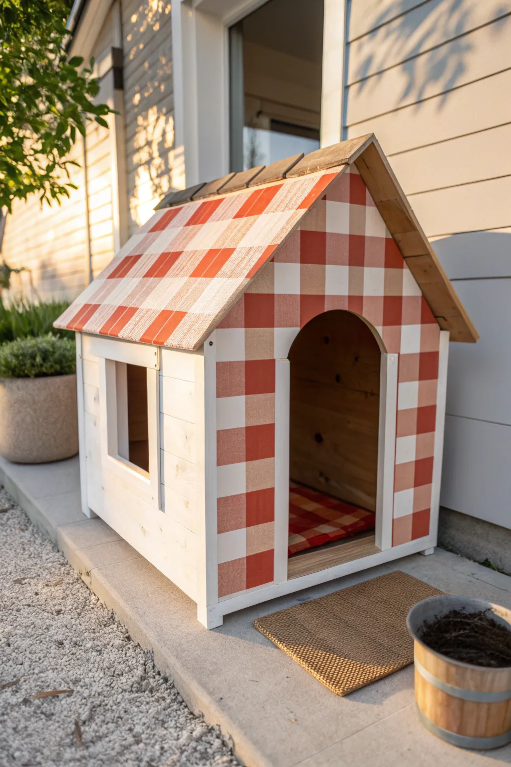 Terracotta gingham dog house with a jute mat for cozy picnic charm in a clean minimalist space