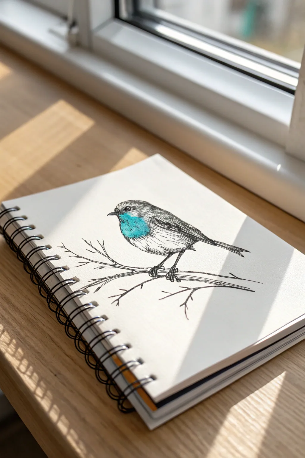 Minimal ink bird sketch with one bold teal splash for a chic Scandinavian-boho drawing idea