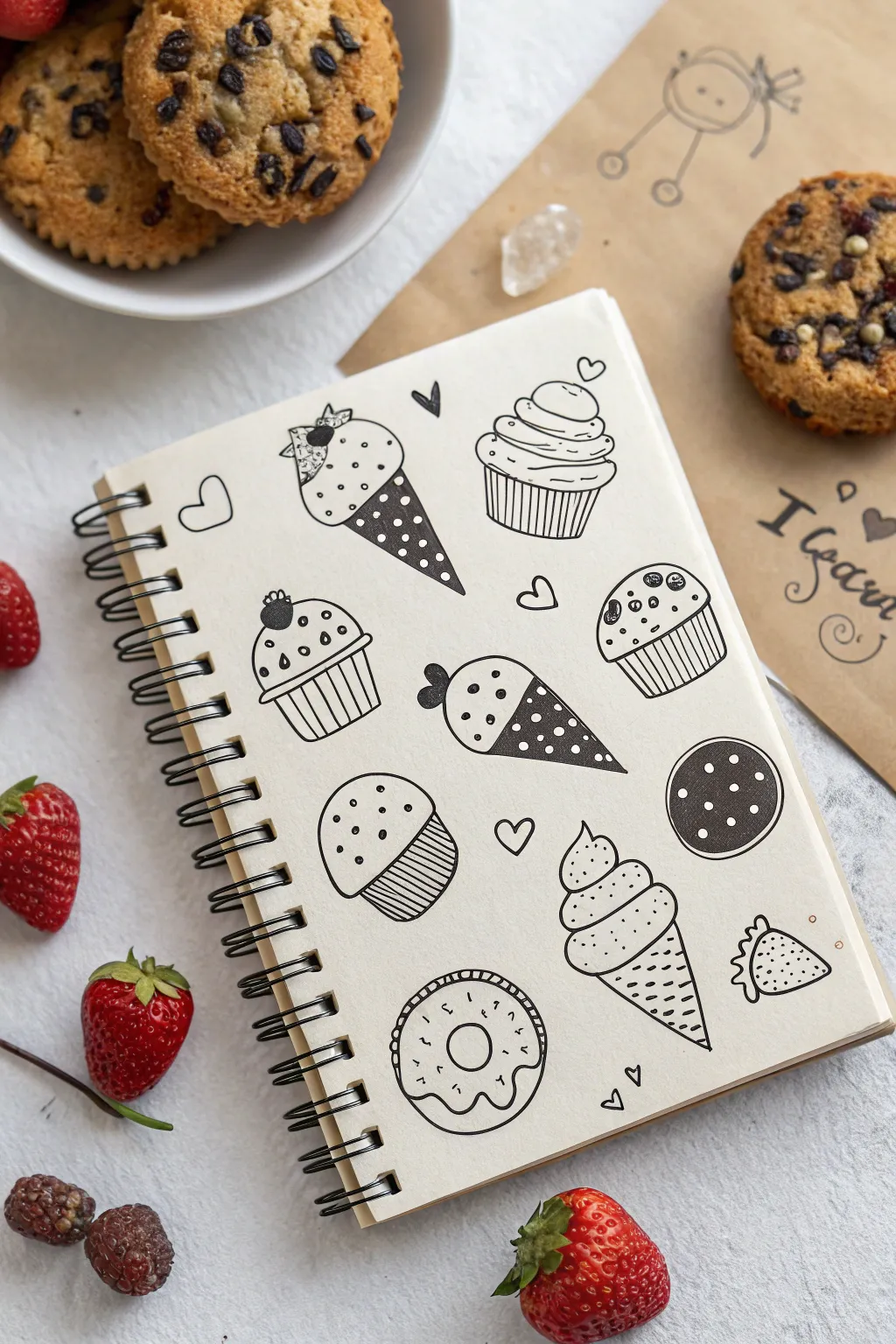 Dessert Doodle Party: a whole page of cute cupcakes, popsicles, and cookies with bold color pops