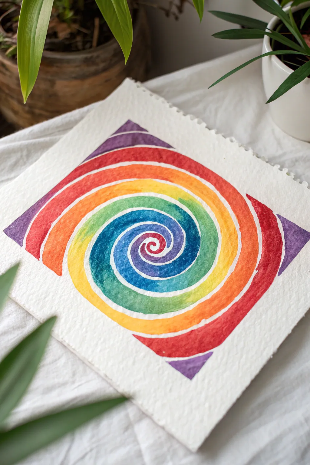 Hypnotic rainbow spiral swirl with silky gradients, bold color pop on clean white paper.