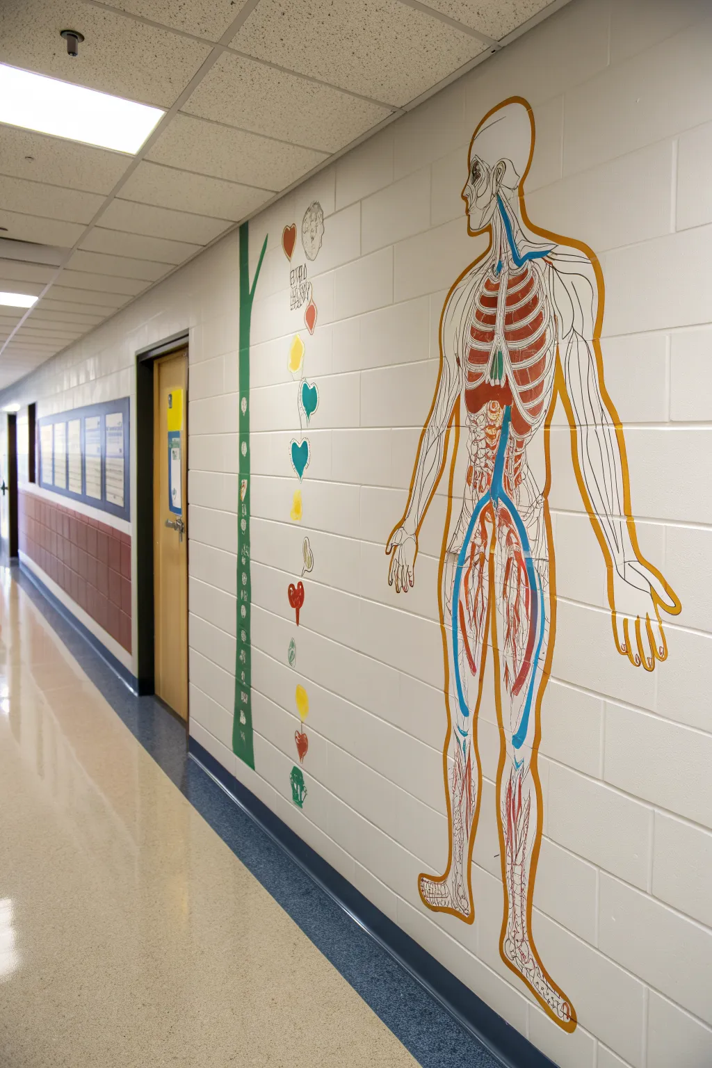 Minimalist human body systems mural with bold color coding for an inspiring science hallway.