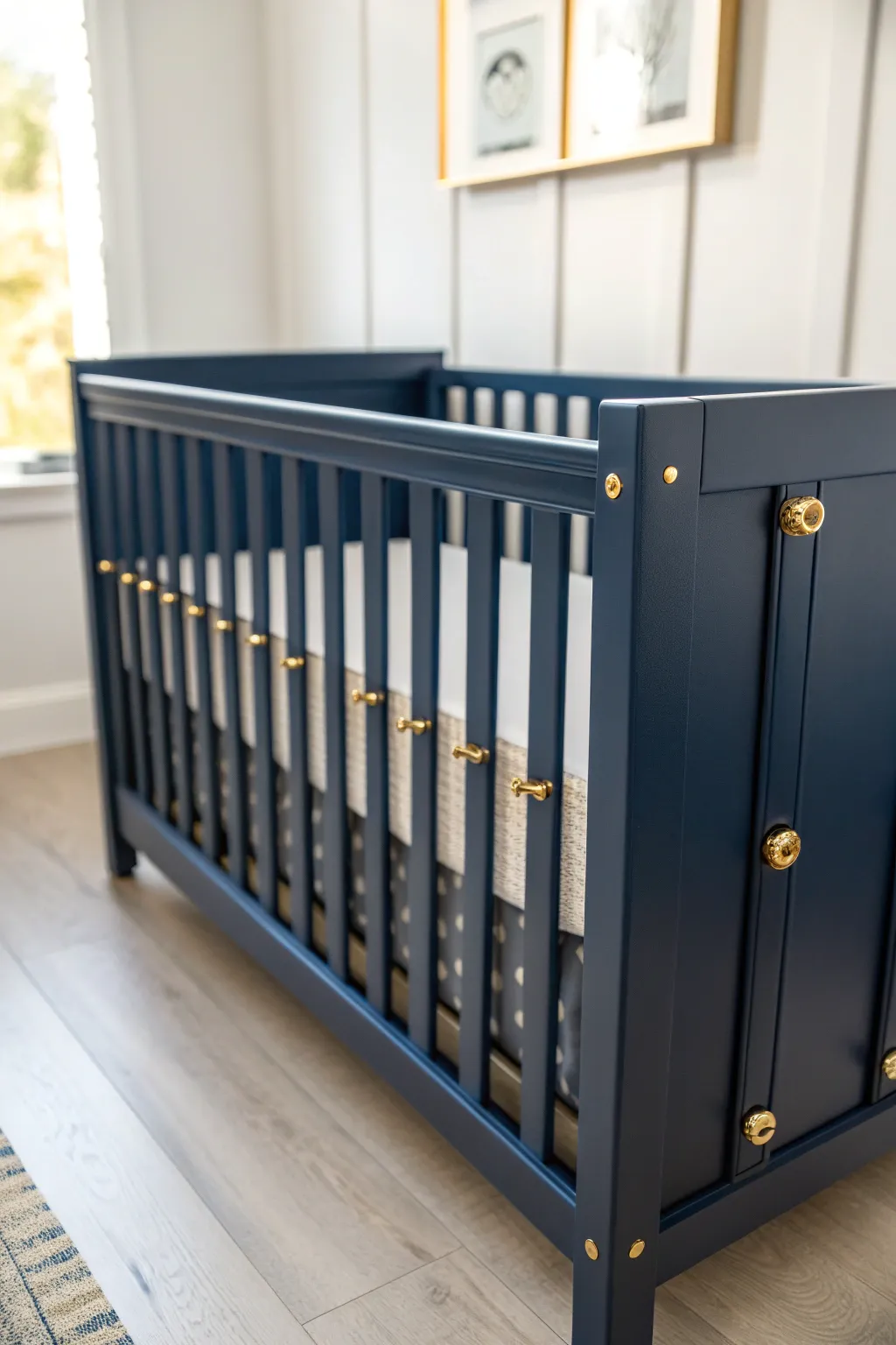 Deep navy crib with subtle brass accents brings bold contrast and cozy Scandinavian calm.