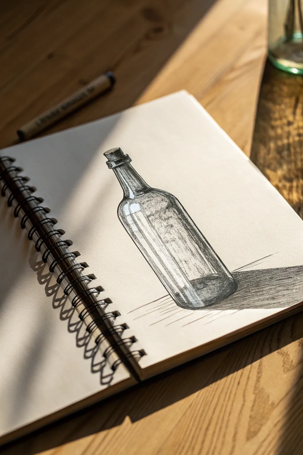 Cross hatched glass bottle study with crisp highlights and dramatic darks for striking contrast