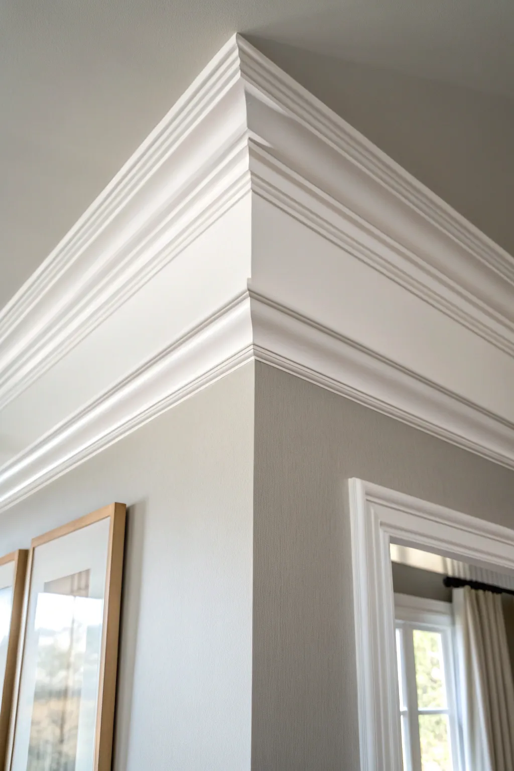 White crown molding pops against greige walls for a soft, modern contrast in natural light