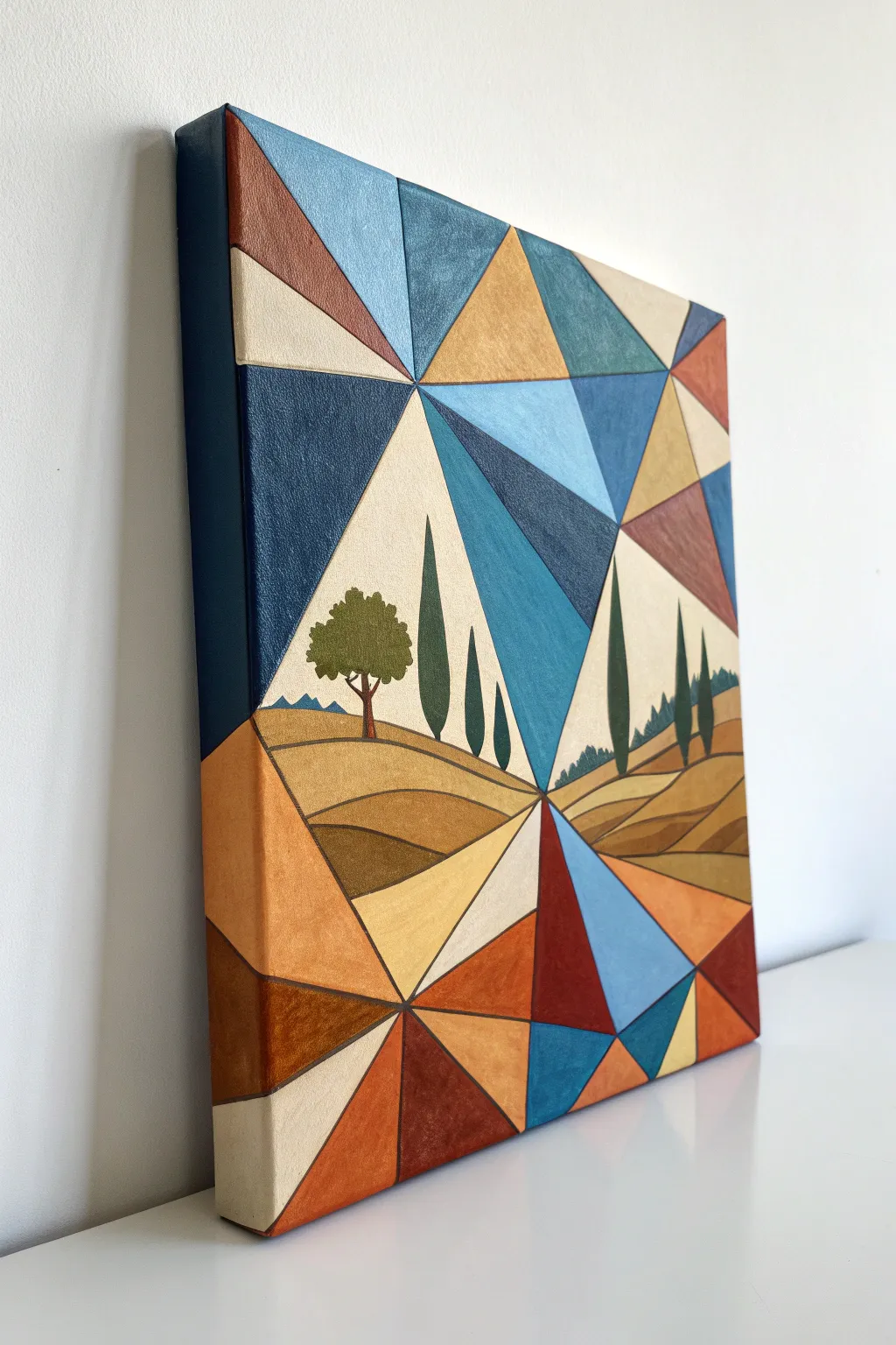 Simple cubist landscape blocks in bold color planes for a modern Scandinavian boho vibe