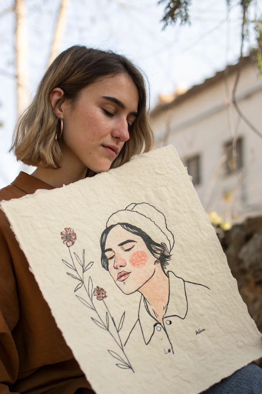 Minimal line art portrait with soft blush cheeks for an airy, modern Scandinavian boho vibe