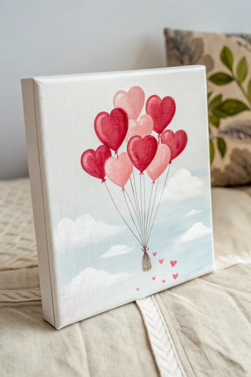 Tiny heart balloons drifting into a dreamy cloudy sky, the sweetest minimalist canvas idea.