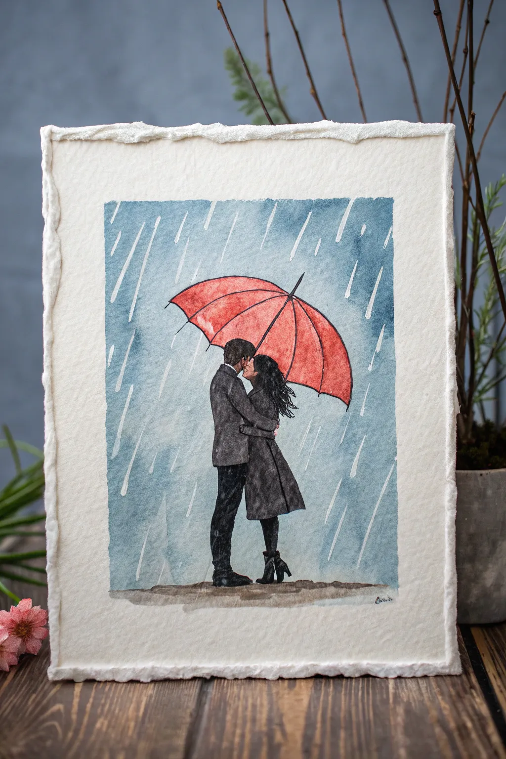 Paint a cozy couple hug under one bold umbrella with a moody rain wash, minimalist and romantic.