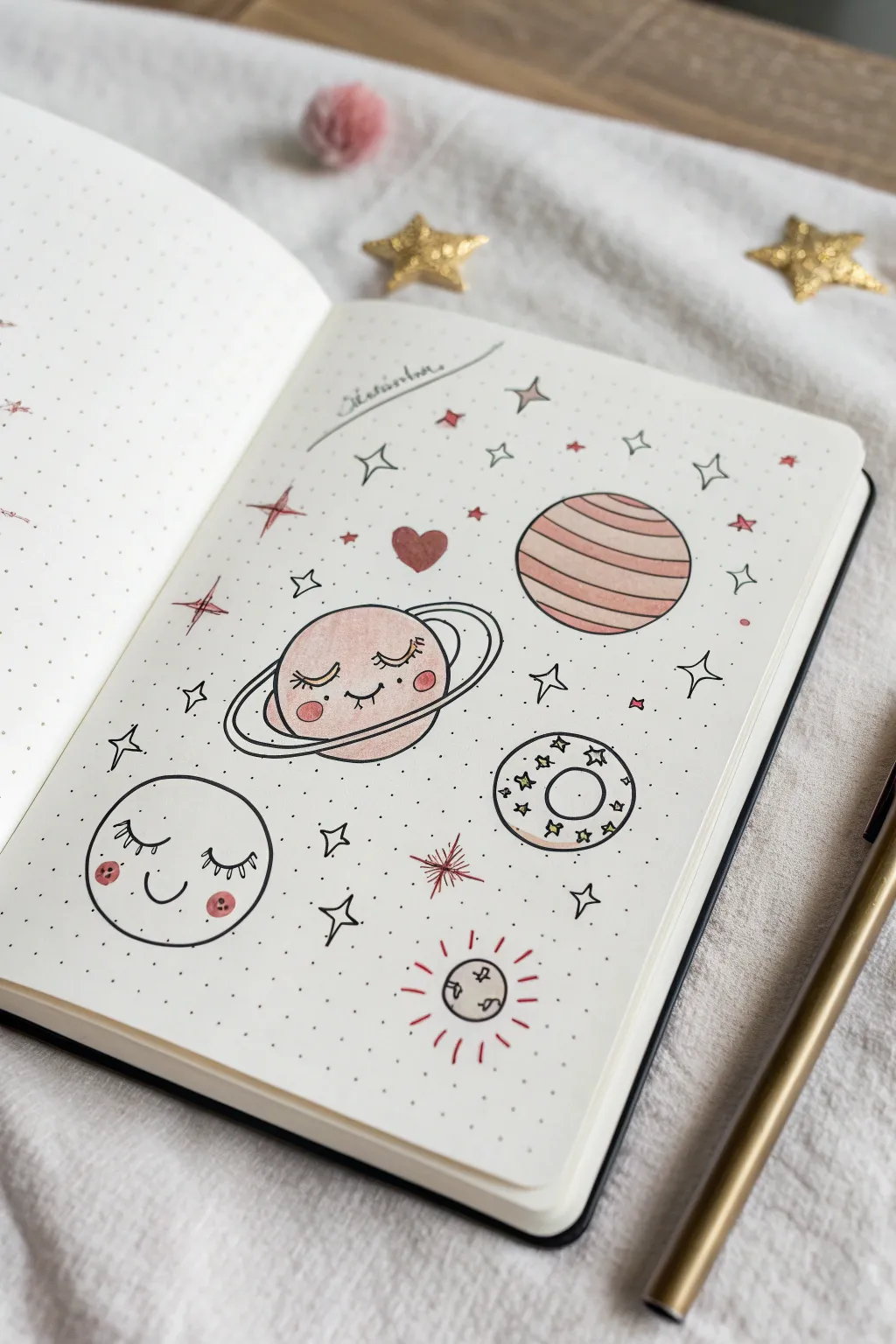 Cute blushing planets and tiny moons illustration, minimal yet magical with bold Scandinavian color pops.