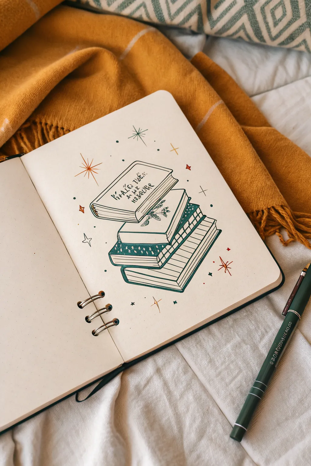 Tiny book doodle stack with soft beige shading and sparkles, minimal boho Scandinavian vibe