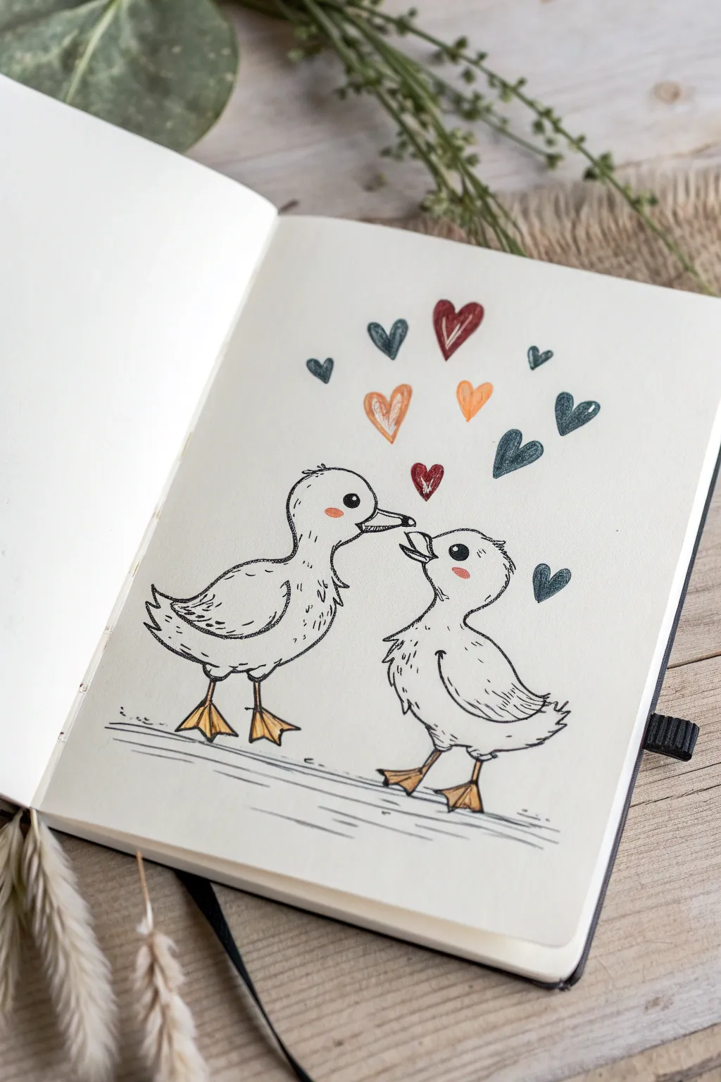 Two sweet ducklings beak-to-beak, minimal lines and bold boho colors for easy drawing inspo.