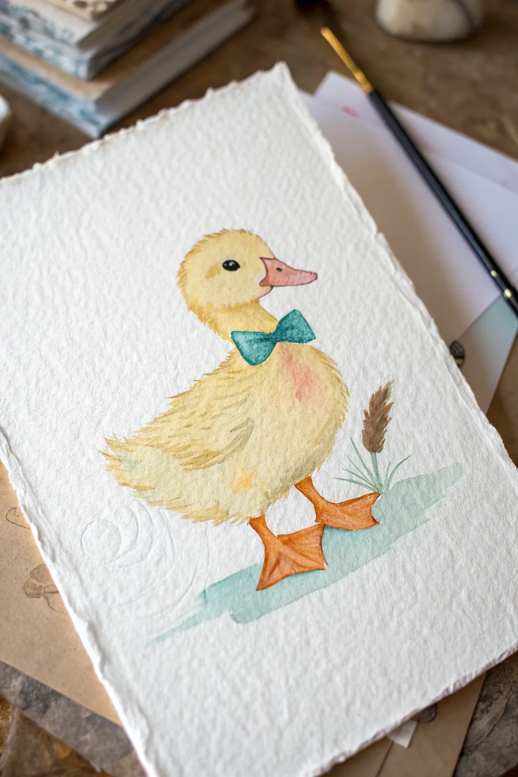 Dapper duckling with a teal bowtie, minimalist Scandinavian boho style and sweet expression.