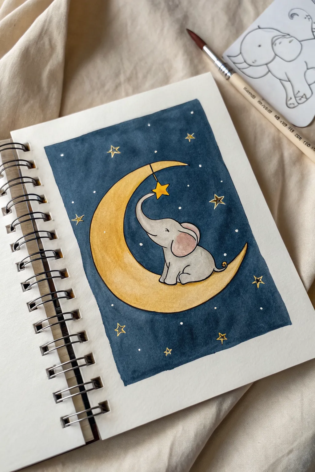 Dreamy baby elephant on a golden crescent moon, simple stars, cozy Scandinavian boho vibe.
