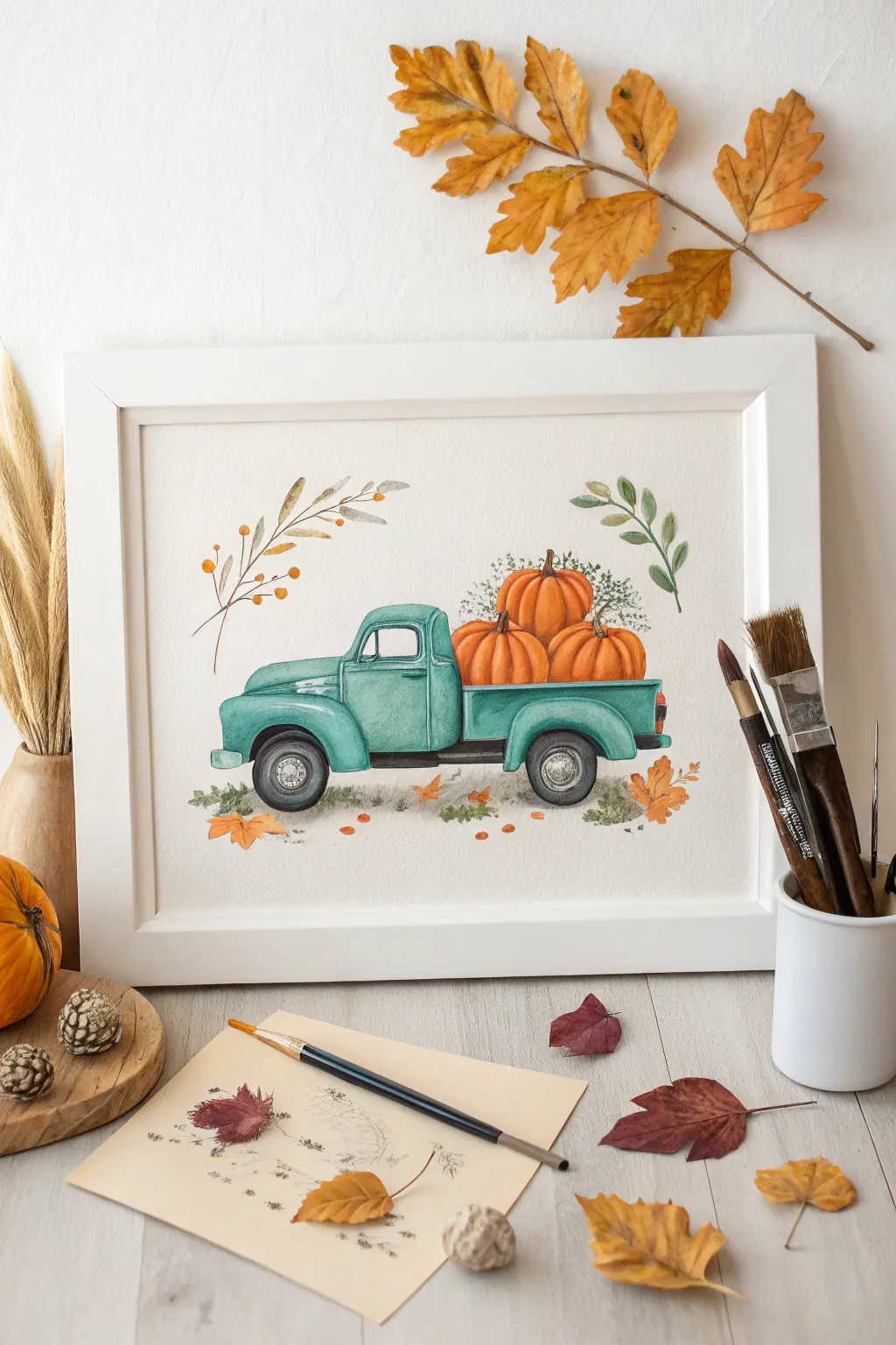 Vintage teal truck hauling pumpkins painting idea with cozy minimalist fall vibes and bold contrast