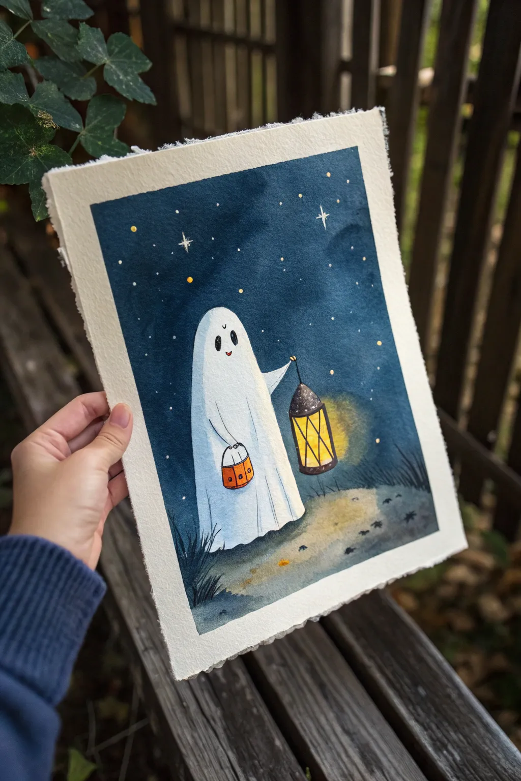 A sweet little ghost with a glowing lantern, warm light fading into a deep night sky