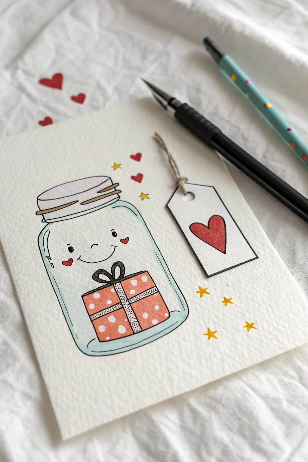 Tiny kawaii gift in a jar drawing with sparkles and a heart tag, minimalist and bold