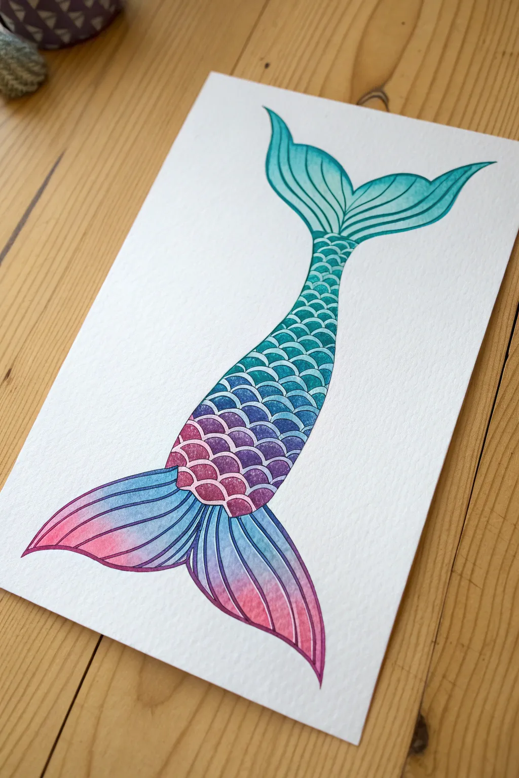 Mermaid tail drawing idea with iridescent scales, bold highlights, and a clean minimalist vibe