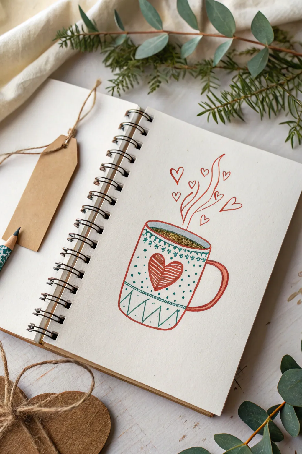 Cute Mothers Day mug drawing with heart steam swirl, simple, bold, and easy to recreate.