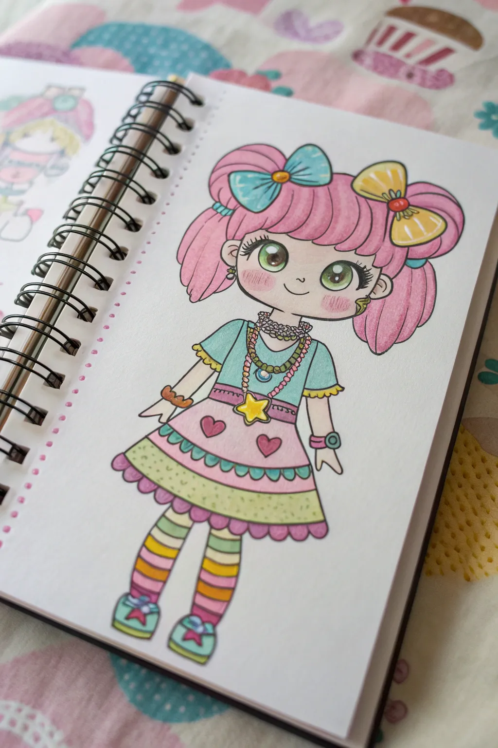 Candy-color decora OC idea with bows, clips, bracelets, and a bright smile in clear silhouette