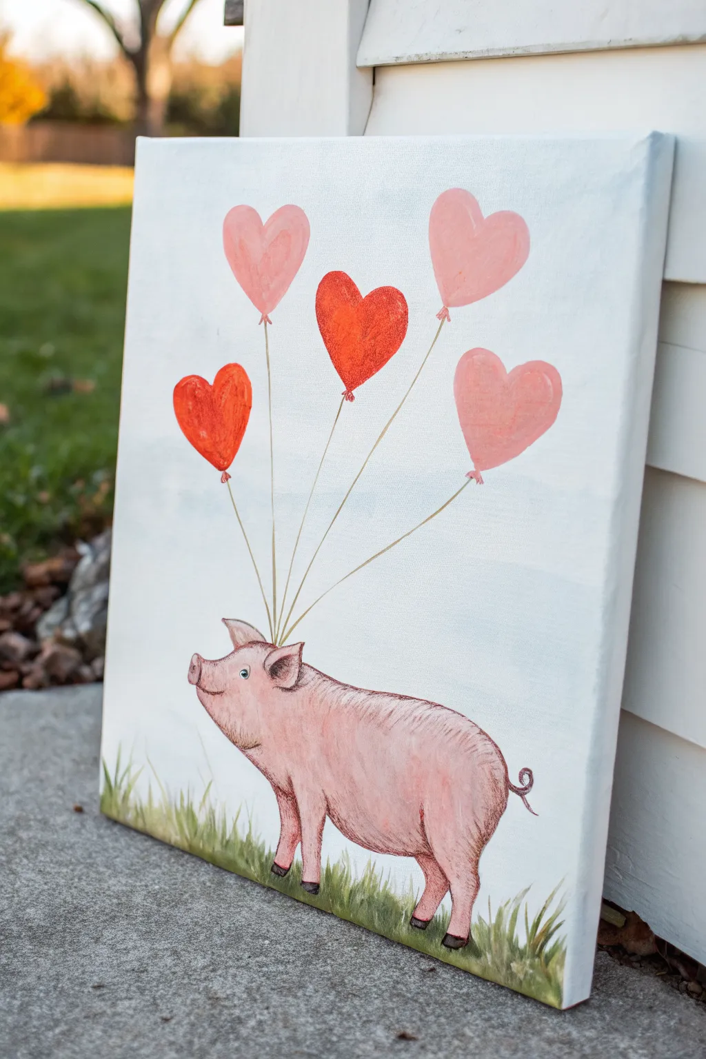 Sweet pig holding heart balloons in minimalist boho style with bold colors and airy sky