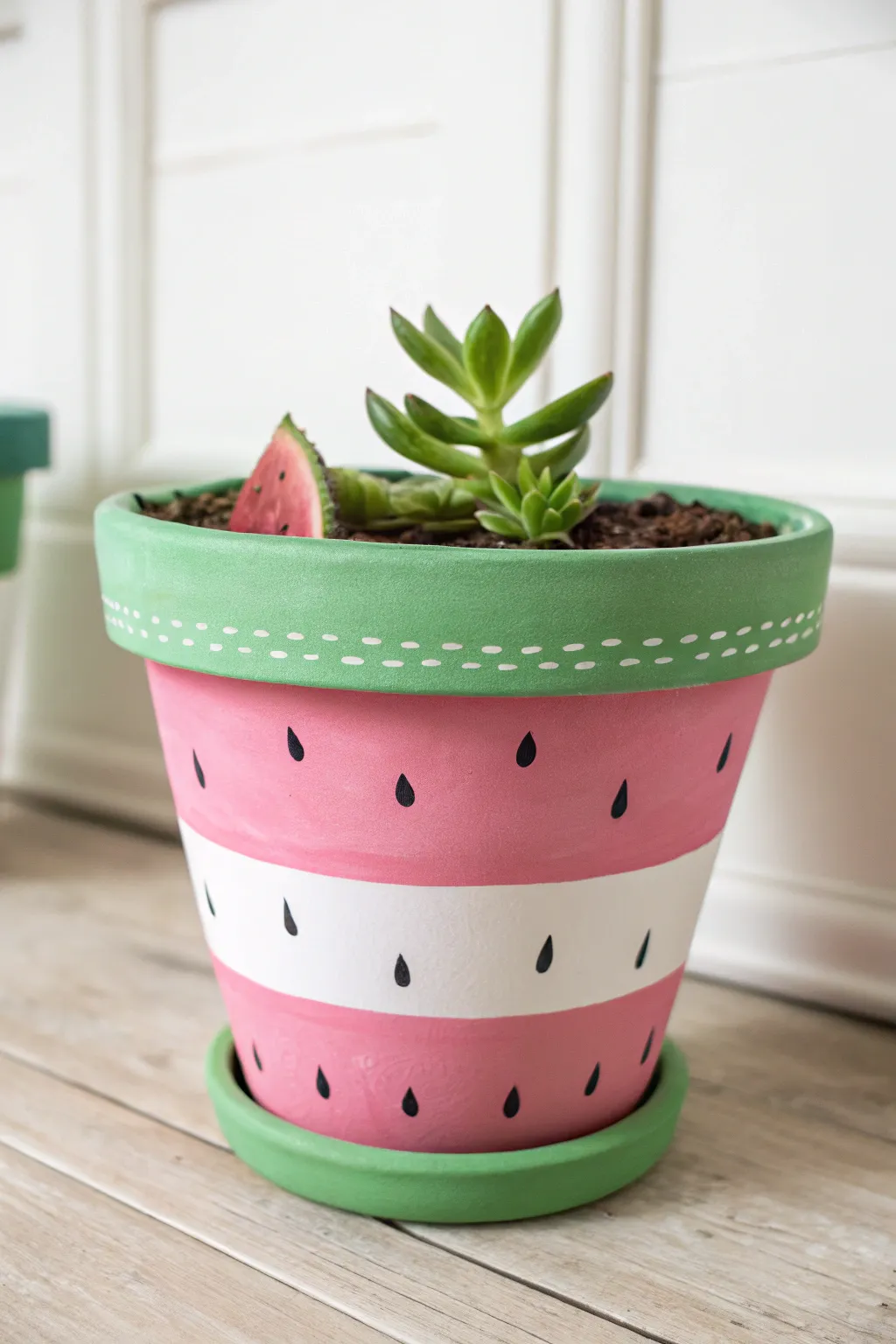 DIY watermelon slice pot: bold pink and green with a fresh succulent, simple and cute.