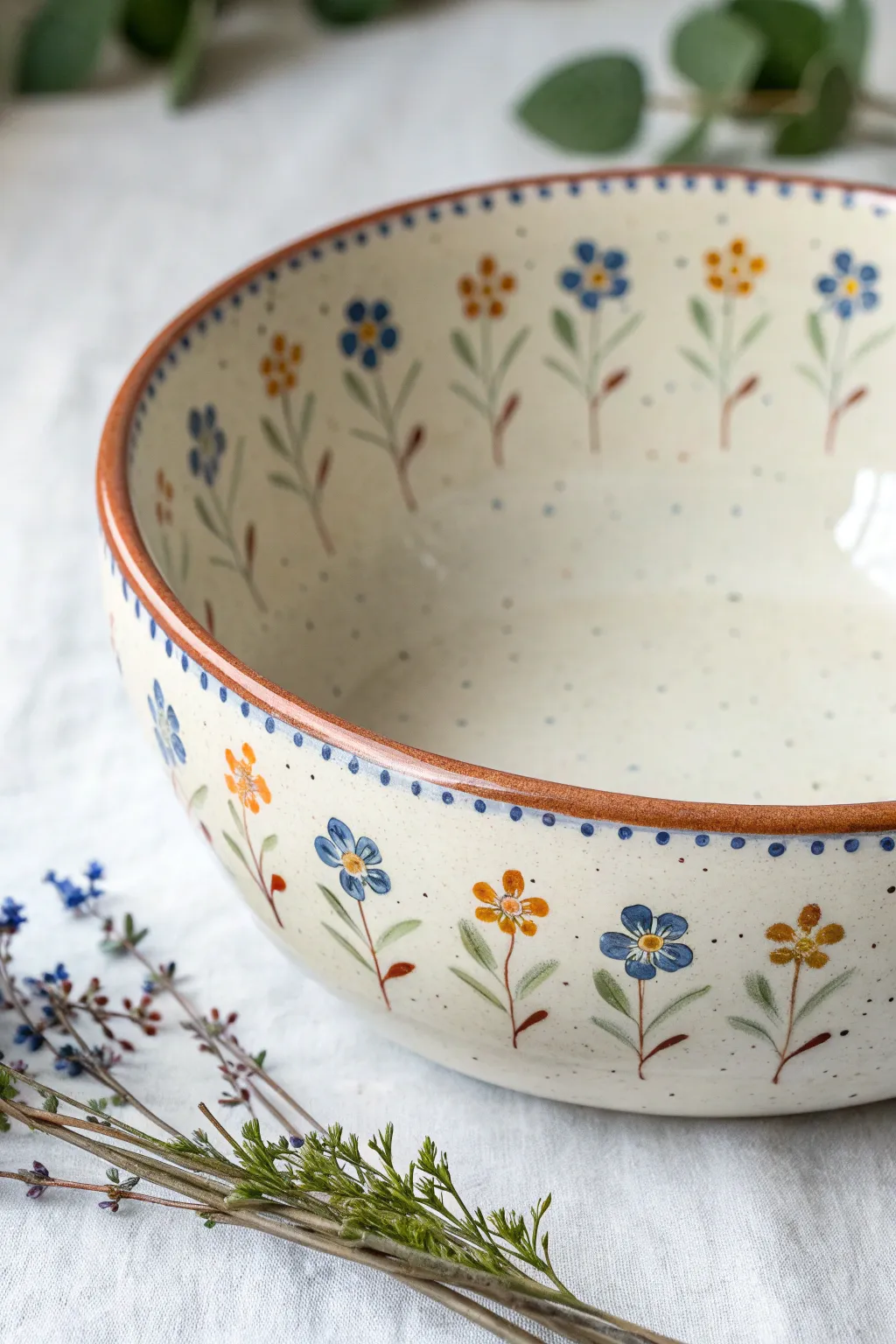 Mini wildflower meadow rim details for a cute, easy pottery painting idea in bold cozy colors
