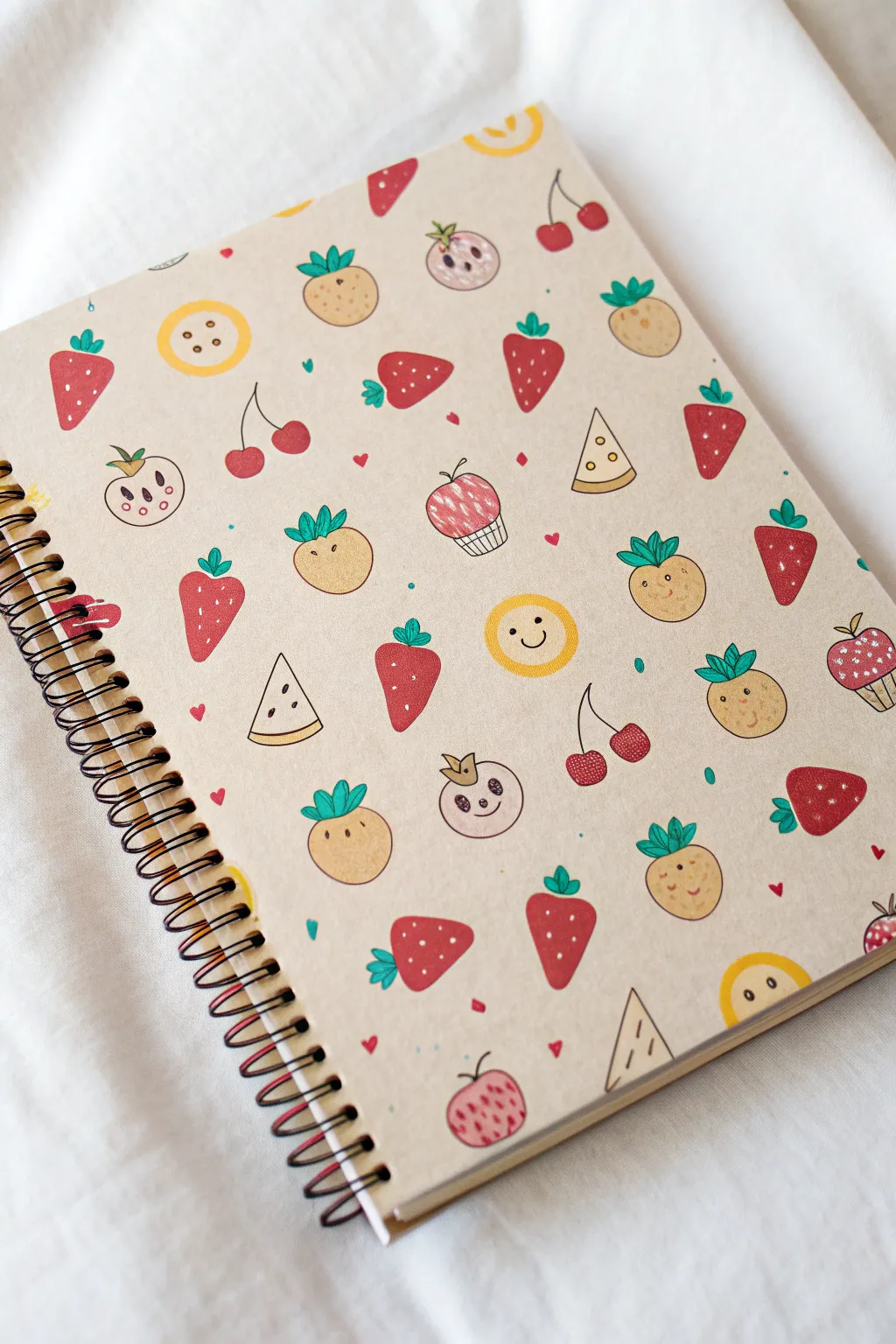 Sweet kawaii food doodles sprinkled across a clean, minimal sketchbook cover in bold happy colors