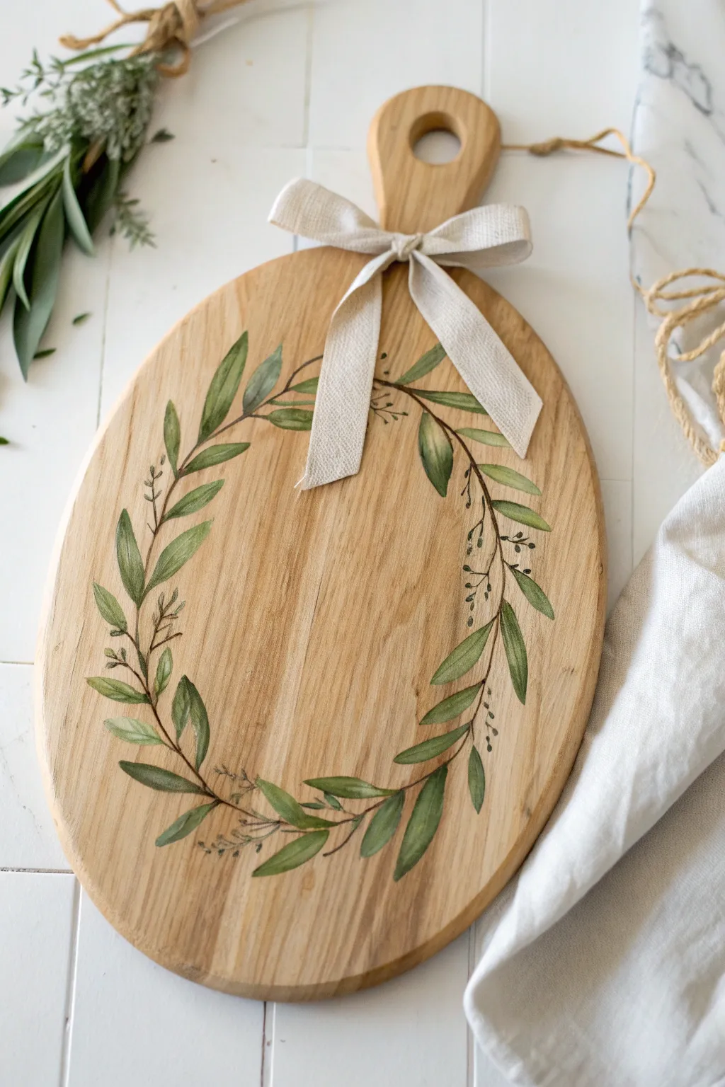 Painted wreath cutting board with ribbon bow, minimalist Scandinavian boho charm for cozy kitchens