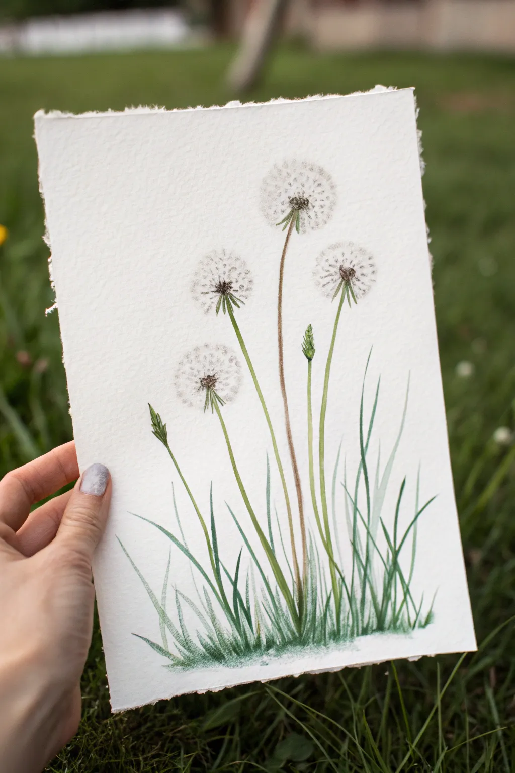 Minimal grass line and tall dandelion stems for a clean, modern botanical painting idea