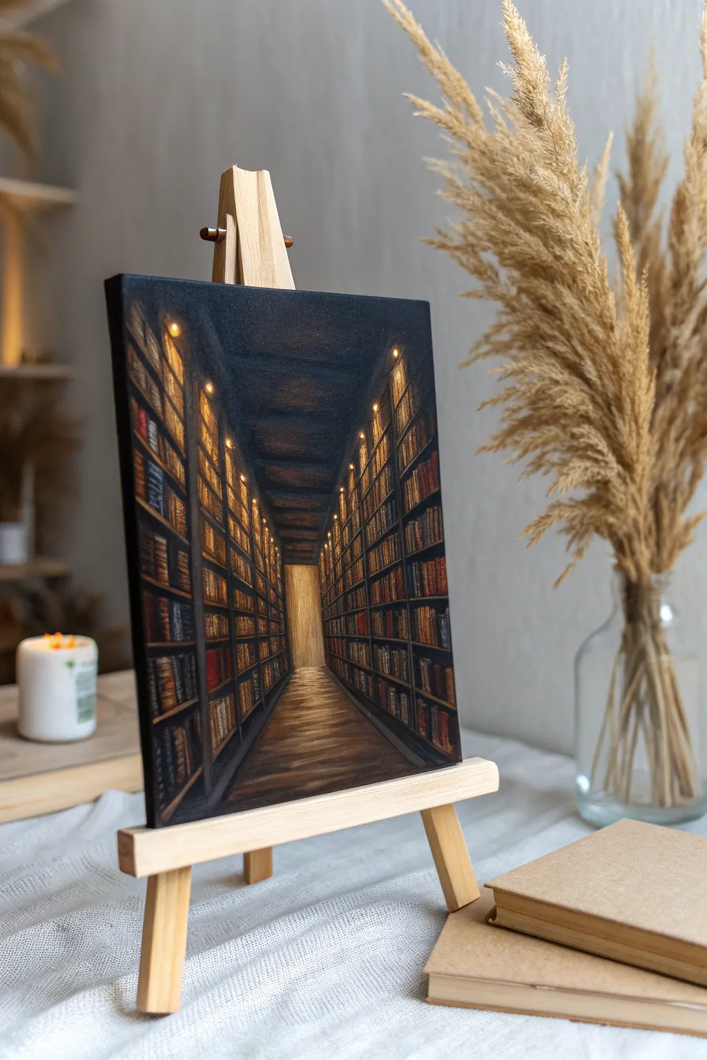 Paint a shadowy library aisle with amber-lit spines for cozy, haunted dark academia vibes