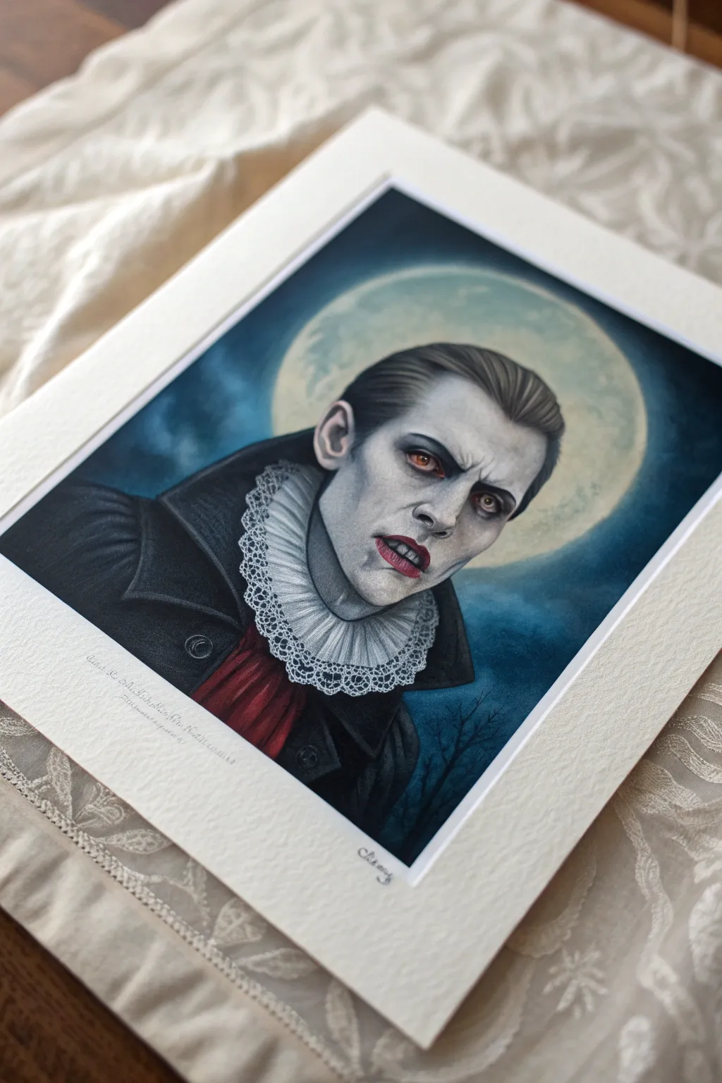 Vampire bite sketch idea: pale fangs, lace collar, and moonlit glow in bold contrast