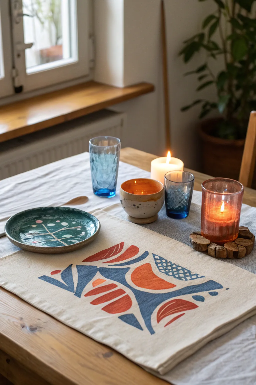 Cozy paint-and-sip still life: candlelit glasses and snacks, minimalist boho vibes