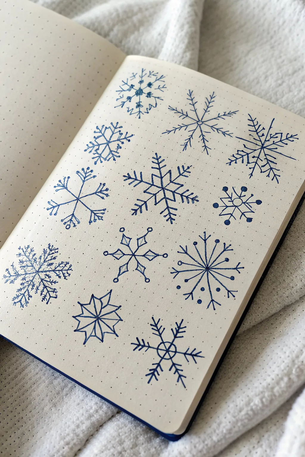 Snowflake variation practice page for December doodles, from simple lines to detailed symmetry