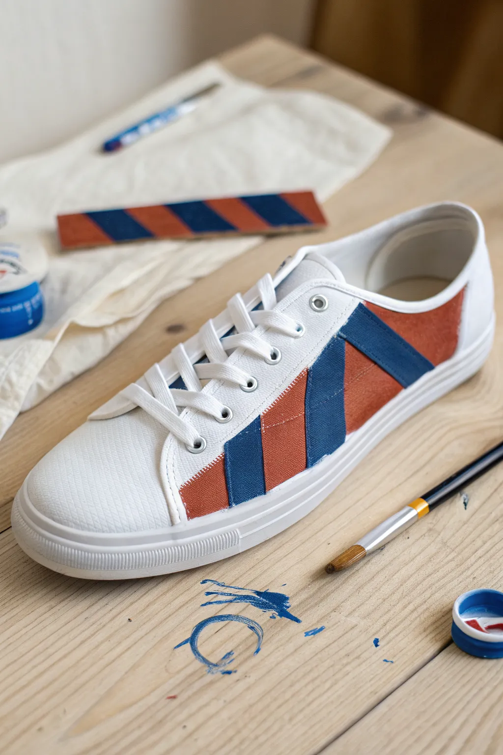 Masking tape stripes make instant impact on canvas sneakers, satisfying peel-and-reveal DIY.