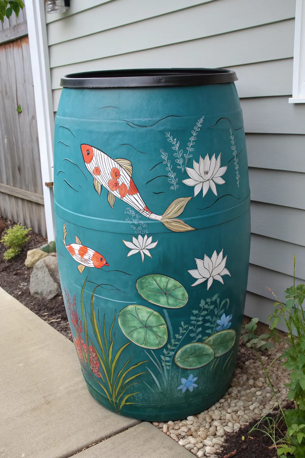 Turn a rain barrel into a koi pond scene with bold koi, lily pads, and calming water ripples.