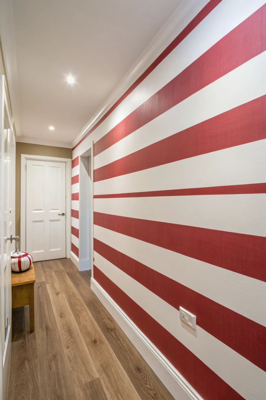 Wide horizontal stripes in tonal terracotta make narrow spaces feel longer and calm, yet bold.