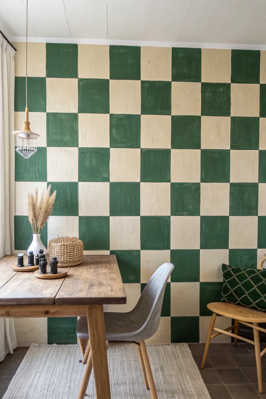 Big checkerboard statement wall in bold earthy tones, hand-painted charm for a cozy nook