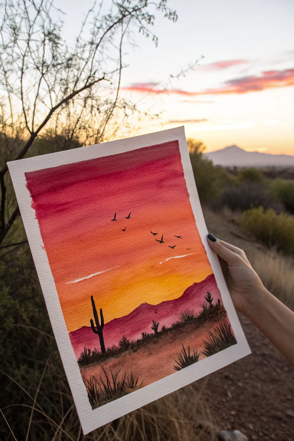 Tiny V-shaped birds in a bold desert sunset make an easy focal detail with instant life.