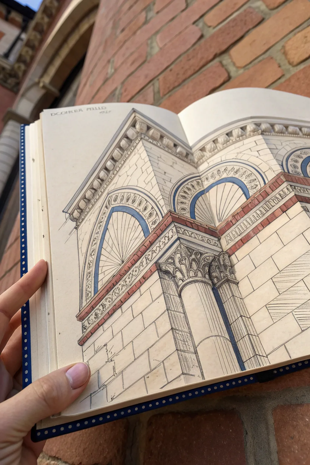 Ornate corner study: arches, carved stone, and brick rhythm rendered with crisp detail.