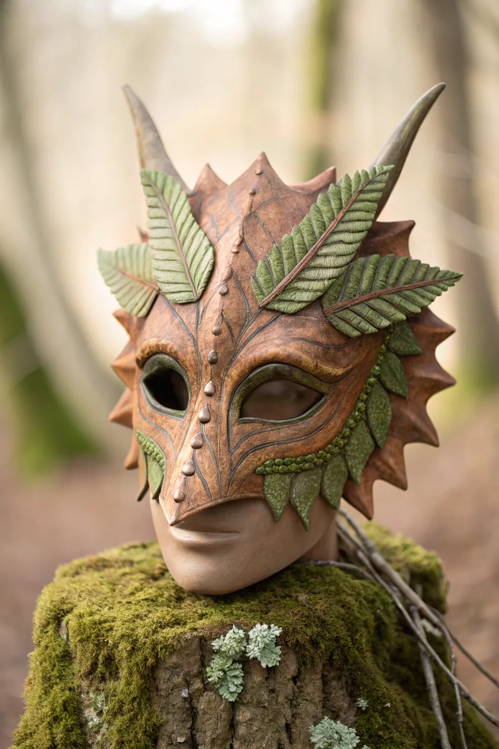 Forest creature dino mask with leafy details, olive dry-brush, and a mossy crest glow
