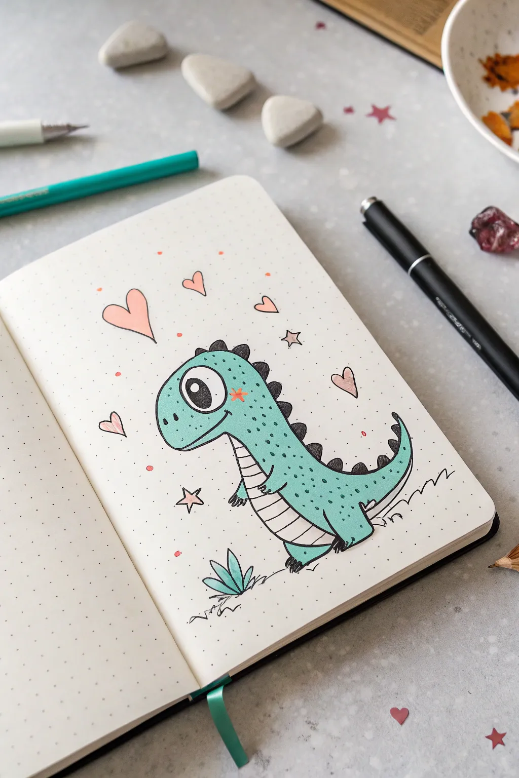 Easy cute dinosaur doodle with big eyes on a minimalist sketchbook page, bold and clean